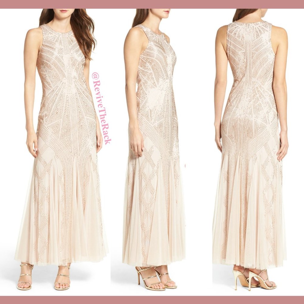 NEW $369 Adrianna Papell‎ Beaded Halter Gown in Cream W/ Rose Gold [SZ 2 ]